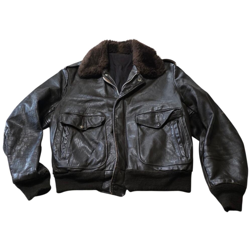 Vintage USN G-1 Flight Bomber Jacket Brown Leather Fur Collar Talon Zip Size 42